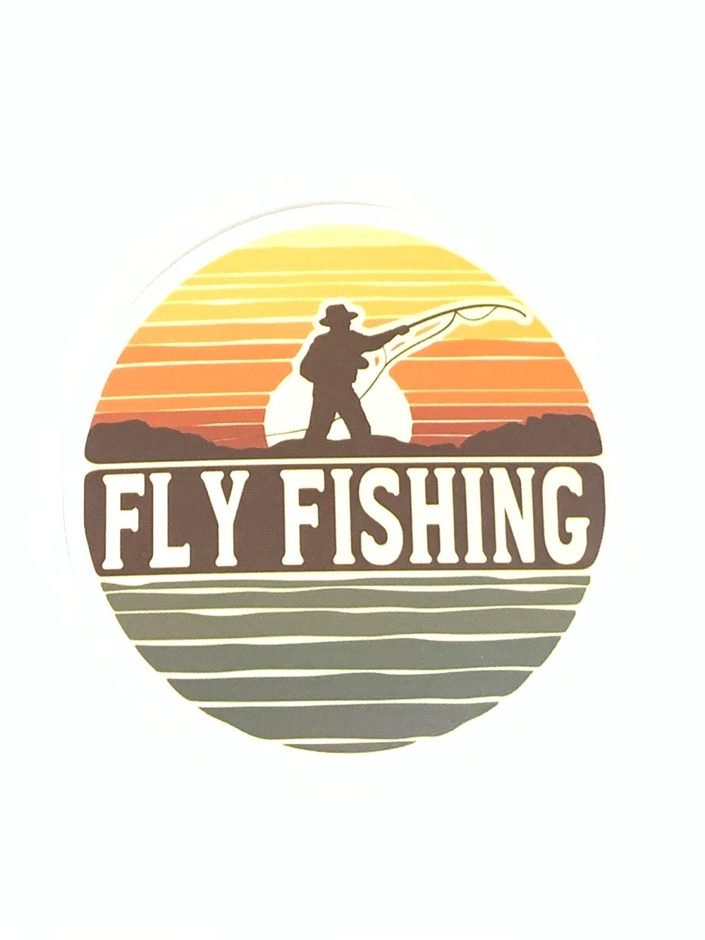 Fly Fishing Sunset Sticker — Multicolor Retro Outdoor Decal